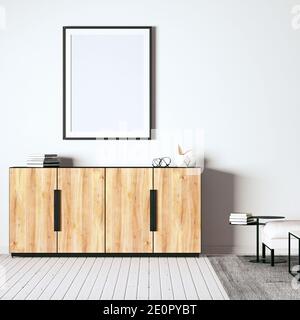 Salon avec parquet et décorations modernes rendu 3D. La vue de face et la maquette de cadre sur le mur peuvent être utilisées pour la maquette d'art et de tirages ou Banque D'Images