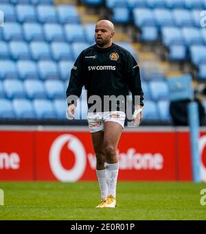 2 janvier 2021 ; Ricoh Arena, Coventry, West Midlands, Angleterre ; Rugby anglais de premier rang, Wasps contre Exeter Chiefs ; Tom OFlaherty, d'Exeter Chiefs, se réchauffe avant le match Banque D'Images