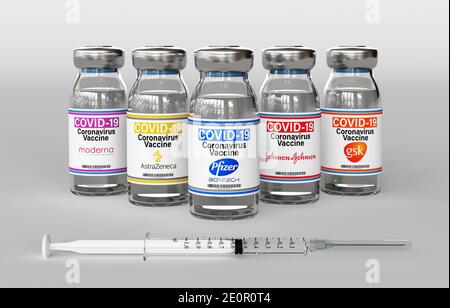 Milan, Italie : 14 décembre 2020 : flacons et seringues de vaccins avec le logo Pfizer, Moderna, AstraZeneca, Johnson, GSK Inc. Vaccin contre le virus Covid-19. 3d Banque D'Images