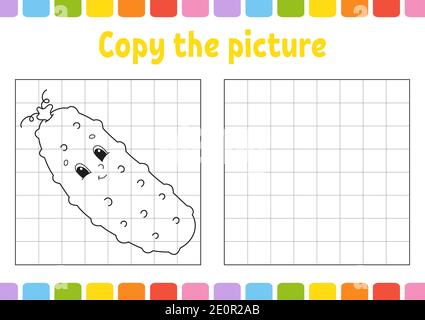 Copy the picture. Coloring book pages for kids. Education developing worksheet. Game for children. Handwriting practice. Funny character. Cute cartoon Stock Vector