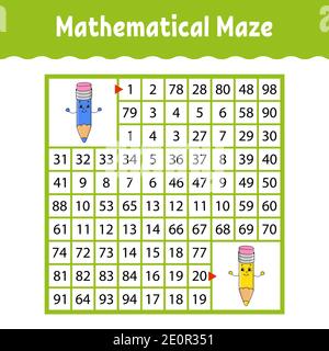 Labyrinthe mathématique. Jeu pour enfants. Labyrinthe drôle. Feuille de travail de développement de l'éducation. Page activité. Puzzle pour les enfants. Style de dessin animé. Énigme pour presc Illustration de Vecteur