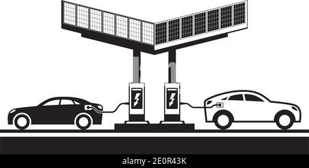 Véhicules électriques à la station de charge avec panneaux solaires – Vector illustration Illustration de Vecteur
