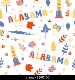 Collection USA. Illustration vectorielle du thème Alabama. Symboles d'état - répétition transparente Illustration de Vecteur