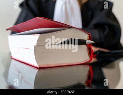 Law, avocate française, femme assise avec un livre rouge français Banque D'Images