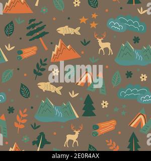 Motif sans couture. Montagnes, tentes dans la forêt, animaux. Thème pour les scouts et les voyageurs. Répétition dans vecteur Illustration de Vecteur