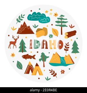 Collection USA. Illustration vectorielle du thème Idaho. Symboles d'état - forme arrondie Illustration de Vecteur