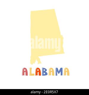 Collection USA. Carte de l'Alabama - silhouette jaune. Lettres de style gribouillage Illustration de Vecteur