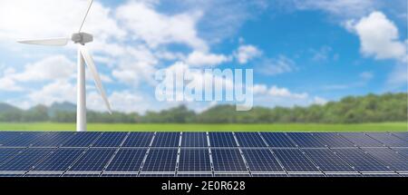 Énergie alternative avec éolienne et panneaux solaires - renouvelable Concept de bannière d'énergie Banque D'Images