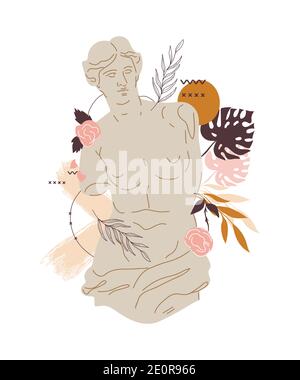 Sculpture grecque de la déesse de Vénus avec divers éléments décoratifs abstraits et floraux, illustration vectorielle plate isolée sur fond blanc. St. Grec Illustration de Vecteur