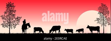 Pâturage des vaches sur l'herbe. Un homme sur un cheval. Arbres. Coucher de soleil. Paysage rural. Illustration de Vecteur