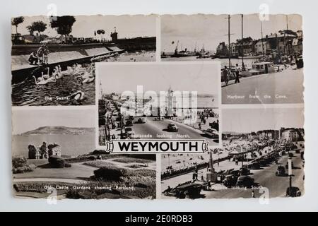 Carte Old Post montrant des scènes de la région de Weymouth, publiée en 1963. Noir et blanc. Dorset Banque D'Images