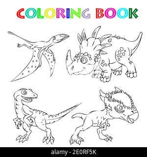 Livre de coloriage pour les enfants avec différents dinosaures dans le style de dessin animé. Velociraptor, stygimoloch, dimorphodon et styracosaurus Banque D'Images