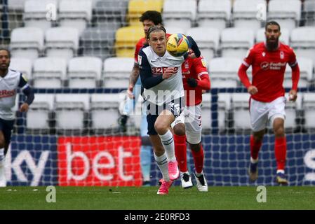 Preston, Royaume-Uni. 02 janvier 2021. Brad Potts de Preston North End en action. EFL Skybet Championship Match, Preston North End v Nottingham Forest au Deepdale Stadium de Preston le samedi 2 janvier 2021. Cette image ne peut être utilisée qu'à des fins éditoriales. Utilisation éditoriale uniquement, licence requise pour une utilisation commerciale. Aucune utilisation dans les Paris, les jeux ou les publications d'un seul club/ligue/joueur.pic par Chris Stading/Andrew Orchard sports Photography/Alamy Live News crédit: Andrew Orchard sports Photography/Alamy Live News Banque D'Images