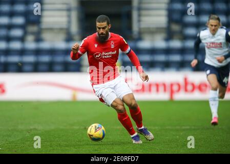 Preston, Royaume-Uni. 02 janvier 2021. Lewis Grabban de la forêt de Nottingham en action. EFL Skybet Championship Match, Preston North End v Nottingham Forest au Deepdale Stadium de Preston le samedi 2 janvier 2021. Cette image ne peut être utilisée qu'à des fins éditoriales. Utilisation éditoriale uniquement, licence requise pour une utilisation commerciale. Aucune utilisation dans les Paris, les jeux ou les publications d'un seul club/ligue/joueur.pic par Chris Stading/Andrew Orchard sports Photography/Alamy Live News crédit: Andrew Orchard sports Photography/Alamy Live News Banque D'Images