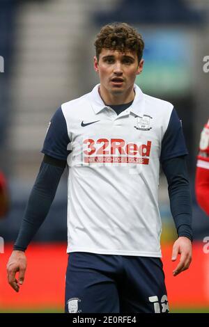 Preston, Royaume-Uni. 02 janvier 2021. Ryan Ledson, de Preston North End, regarde. EFL Skybet Championship Match, Preston North End v Nottingham Forest au Deepdale Stadium de Preston le samedi 2 janvier 2021. Cette image ne peut être utilisée qu'à des fins éditoriales. Utilisation éditoriale uniquement, licence requise pour une utilisation commerciale. Aucune utilisation dans les Paris, les jeux ou les publications d'un seul club/ligue/joueur.pic par Chris Stading/Andrew Orchard sports Photography/Alamy Live News crédit: Andrew Orchard sports Photography/Alamy Live News Banque D'Images