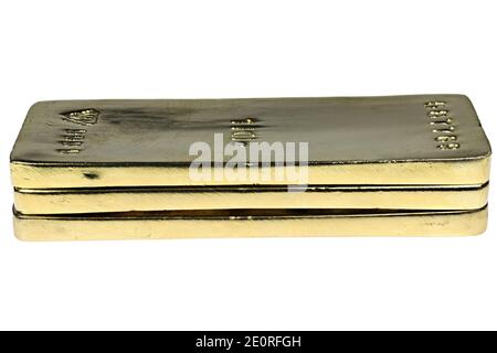 trois lingots d'or de 1 kg isolés sur fond blanc Banque D'Images