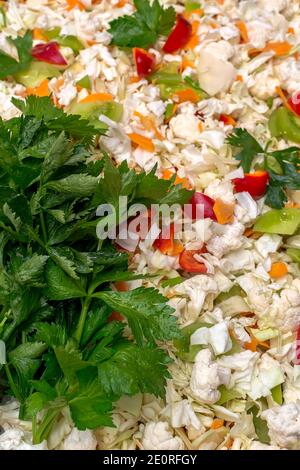 Chou-fleur en tranches, poivrons rouges et tomates vertes préparés pour le piquetage Banque D'Images