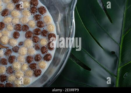 Bol de chocolat et de boulettes de blé sur les feuilles Banque D'Images