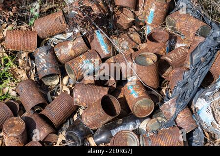 Les vieux canettes rouillées reposent sur le sol et l'herbe sèche dans la nature. Pollution et environnement. Banque D'Images