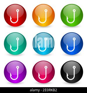 Icônes vectorielles de crochet de pêche, ensemble de boutons de ballon de rendu 3d brillant colorés dans 9 options de couleur Illustration de Vecteur