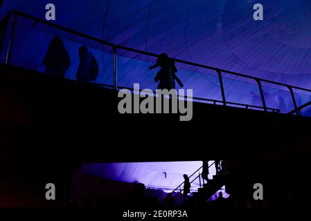 Silhouettes de personnes contre la lumière à l'intérieur d'un parc océanographique à admirer les poissons. Banque D'Images