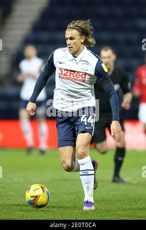 Preston, Royaume-Uni. 02 janvier 2021. Brad Potts de Preston North End en action. EFL Skybet Championship Match, Preston North End v Nottingham Forest au Deepdale Stadium de Preston le samedi 2 janvier 2021. Cette image ne peut être utilisée qu'à des fins éditoriales. Utilisation éditoriale uniquement, licence requise pour une utilisation commerciale. Aucune utilisation dans les Paris, les jeux ou les publications d'un seul club/ligue/joueur.pic par Chris Stading/Andrew Orchard sports Photography/Alamy Live News crédit: Andrew Orchard sports Photography/Alamy Live News Banque D'Images