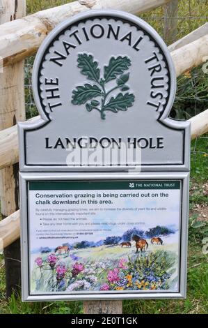 Panneau sur la terre au-dessus des falaises blanches de Douvres illustrant Et décrire le schéma de conservation des poneys Exmoor Banque D'Images