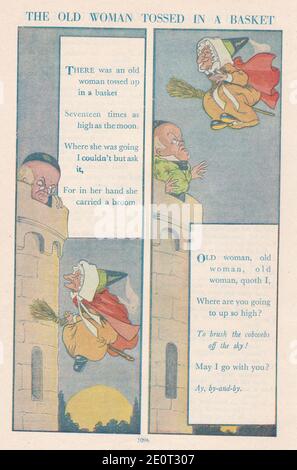 Vintage nursery rhyme - la vieille femme a jeté dans un panier. Banque D'Images