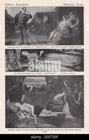 Scènes des pièces de Shakespeare - Malvolio et comtesse dans la douzième nuit / la mort d'Ophelia dans Hamlet / Cordelia apparaît à son père, le roi Lear. Banque D'Images