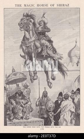 Le cheval magique de Shiraz - le cheval s'est levé avec le prince dans l'air. Banque D'Images
