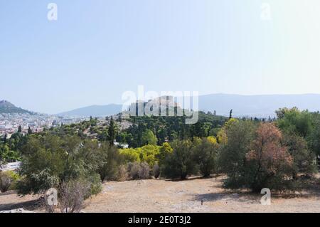 Vue panoramique sur l'Acropole depuis la colline de Philoppou, Athènes, Grèce. Banque D'Images