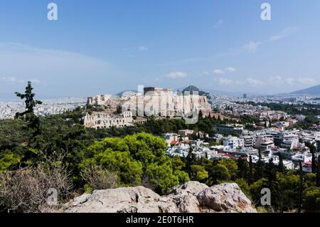 Vue panoramique sur l'Acropole depuis la colline de Philoppou, Athènes, Grèce. Banque D'Images