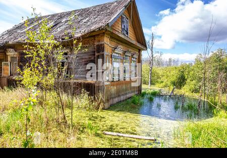 Ancienne maison abandonnée en bois délabrée dans un marais dans le campagne en été Banque D'Images