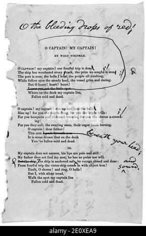 Lettre et réimpression corrigée du capitaine O de Walt Whitman's, mon capitaine avec commentaires de l'auteur, 9 février 1888. Banque D'Images