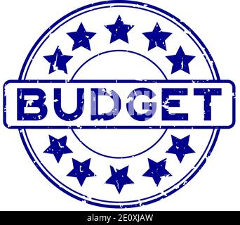 Grunge bleu mot budget avec l'icône étoile joint en caoutchouc rond tampon sur fond blanc Illustration de Vecteur