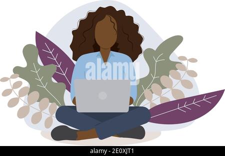 Femme noire avec ordinateur portable assis dans la nature Illustration de Vecteur
