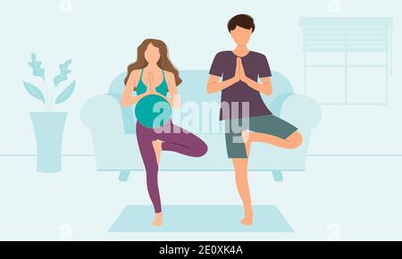 Couple doing yoga at home Illustration de Vecteur