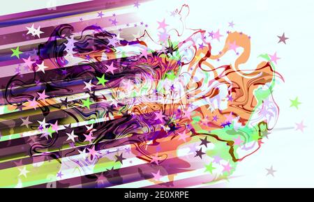 Courbes lumineuses multicolores abstraites, lignes diagonales et étoiles vacances arrière-plan festif isolé sur un côté Banque D'Images
