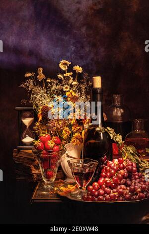 Encore vie de fruits, vins et pots, style naturaliste caravaggiste basé sur la période picturale baroque. Banque D'Images