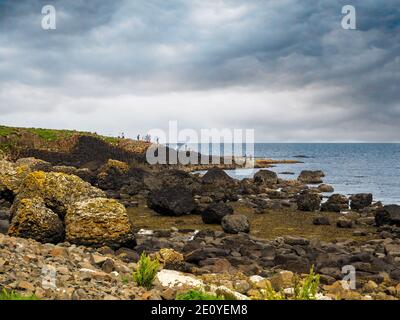 Irlande du Nord, Royaume-Uni. Côte Atlantique avec chaussée des géants, formations géologiques naturelles uniques de roches volcaniques de basalte, ressemblant à des pavés Banque D'Images