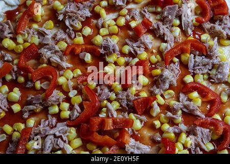 Détails de pizza avec poisson et paprika, cuit, vue rapprochée. Banque D'Images