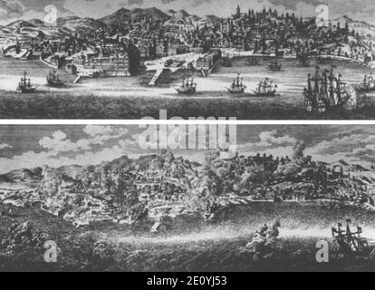 Lisbonne avant et après le tremblement de terre de 1755. Banque D'Images