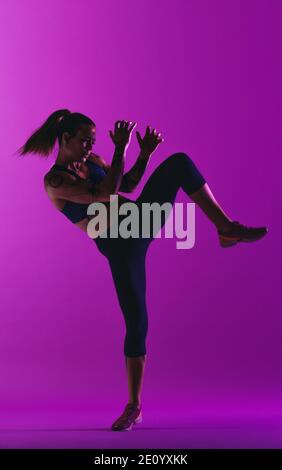 Femme athlète faisant l'entraînement de force de noyau. FIT femme faisant l'entraînement des arts martiaux. Banque D'Images