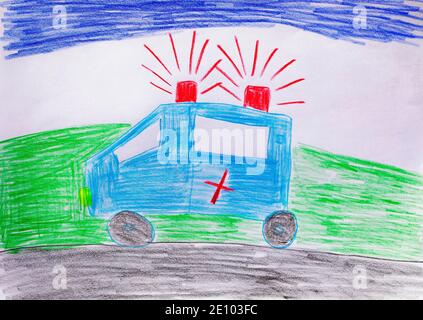 Illustration naïve, dessin d'enfants, voiture avec lumière bleue Banque D'Images