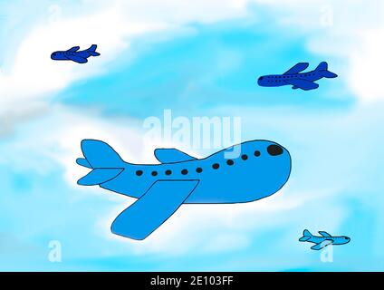 Illustration naïve, dessin d'enfants, avions passagers bleus dans le ciel Banque D'Images