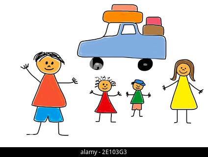 Illustration naïve, dessin d'enfants, famille va en vacances en voiture, Autriche, Europe Banque D'Images