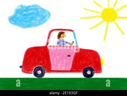Illustration naïve, dessin d'enfant, voiture rouge au soleil, Autriche, Europe Banque D'Images