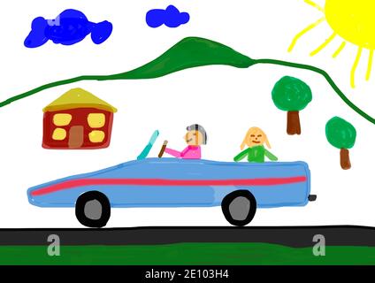 Illustration naïve, dessin d'enfants, voiture avec voiture de sport, Autriche, Europe Banque D'Images