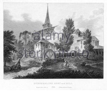 Abbaye et moulin de Dunfermline, Écosse, gravure ancienne de 1804 Banque D'Images