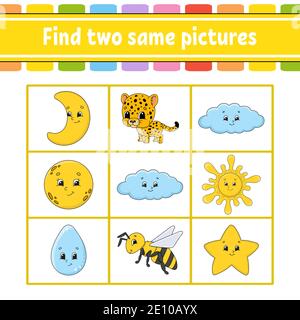 Trouvez deux photos identiques. Pour les enfants. Feuille de travail de développement de l'éducation. Page activité. Jeu pour enfants. Caractère drôle. Illustration vectorielle isolée Illustration de Vecteur